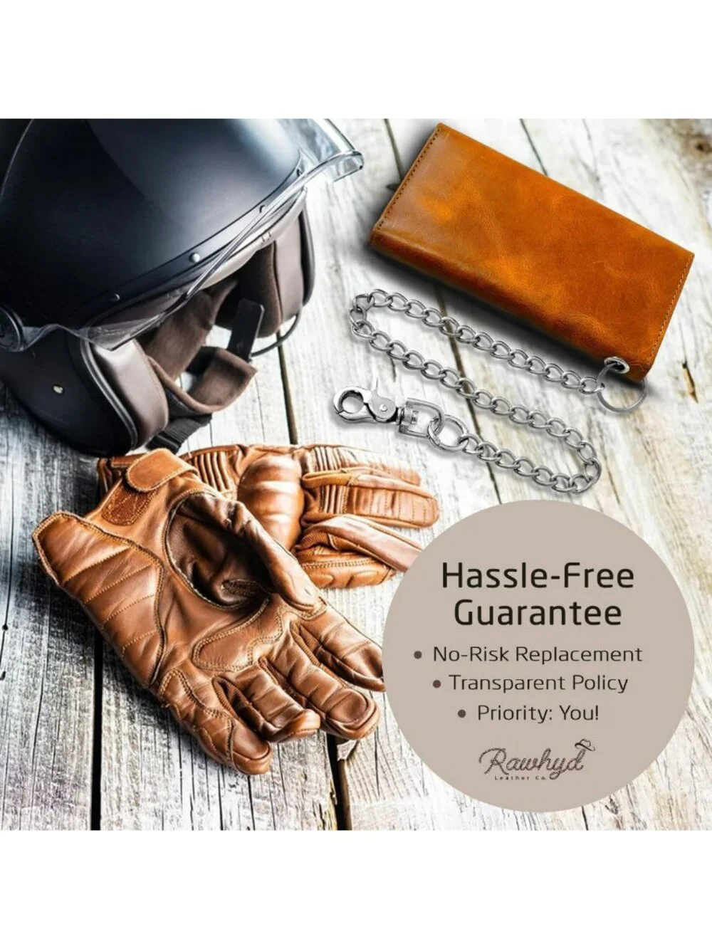 Men's Full Grain Leather Biker Wallet with Chain, Zipper Pocket & Card Slots